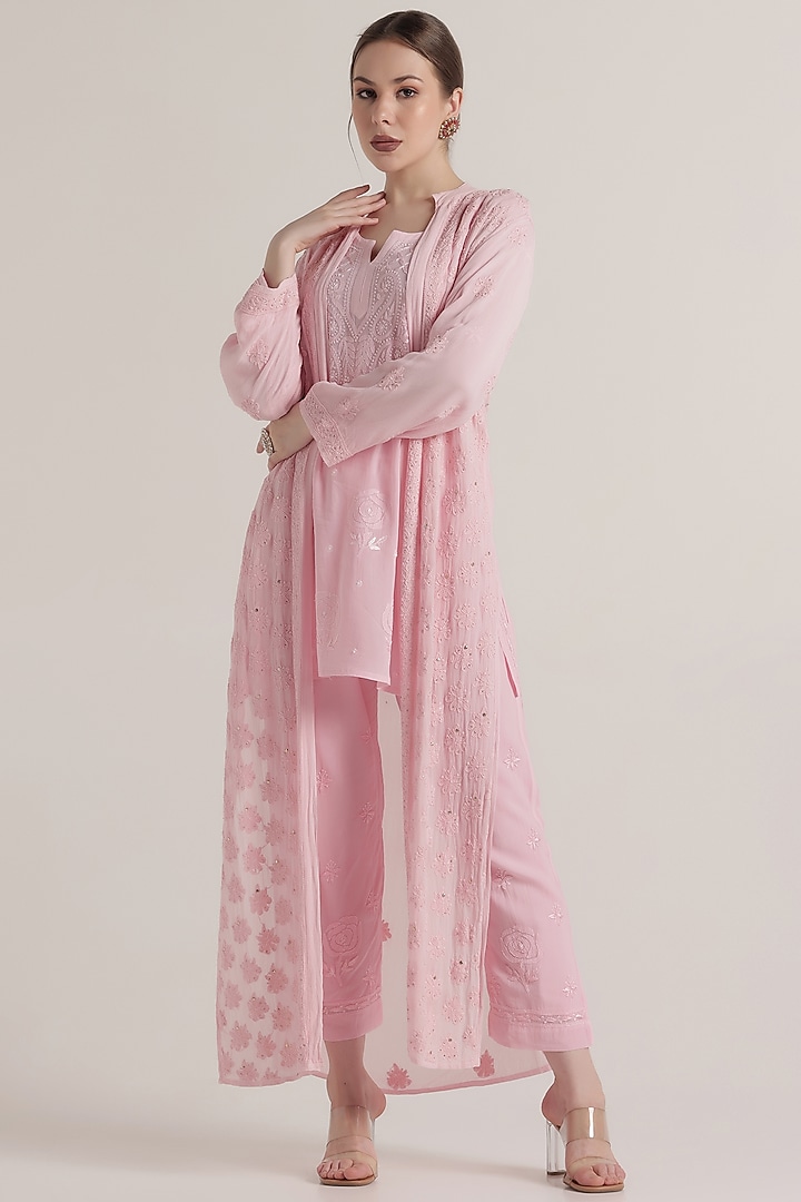 Baby Pink Viscose Georgette Chikankari Embellished Jacket by World Of Folklore at Pernia's Pop Up Shop