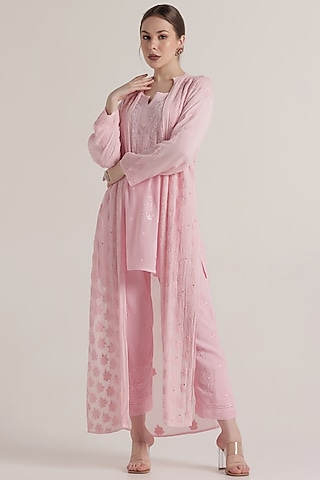 Baby Pink Viscose Georgette Chikankari Embellished Jacket by World Of Folklore