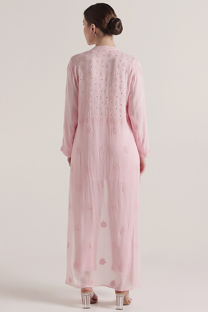 Baby Pink Viscose Georgette Chikankari Embellished Jacket by World Of Folklore at Pernia's Pop Up Shop