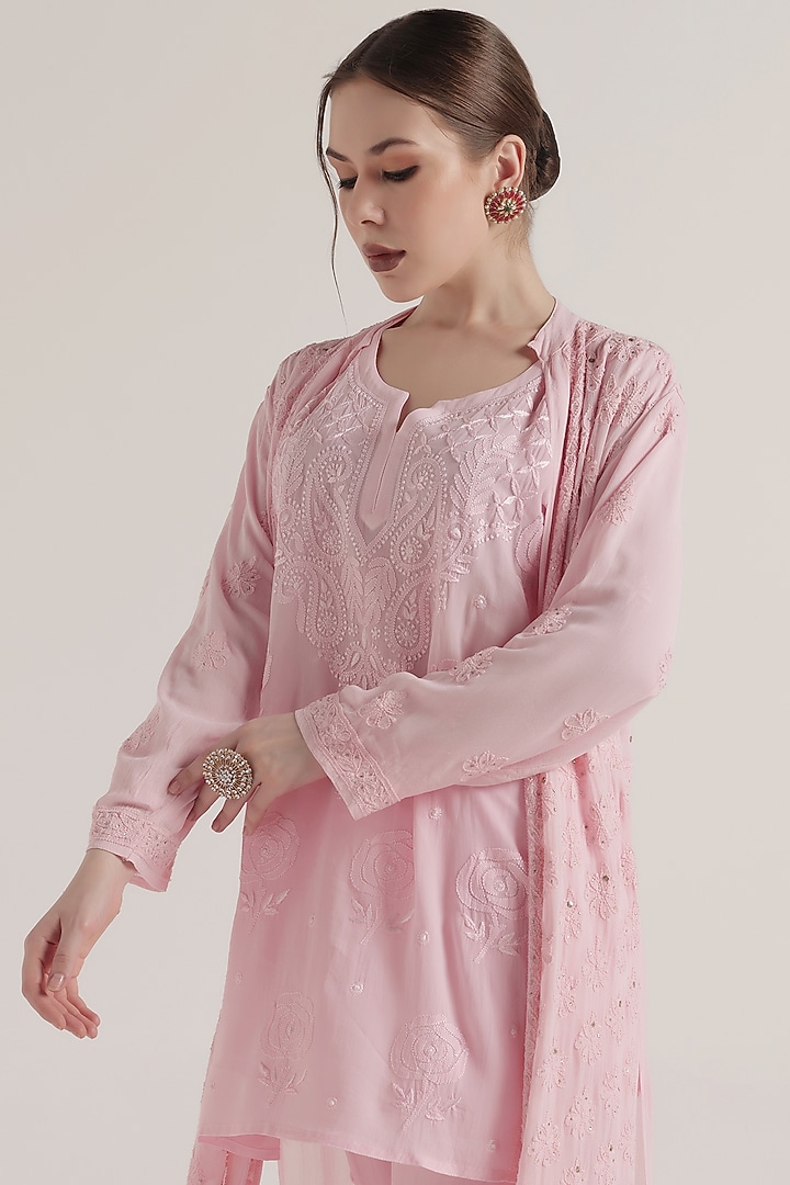 Baby Pink Viscose Georgette Chikankari Embellished Jacket by World Of Folklore at Pernia's Pop Up Shop