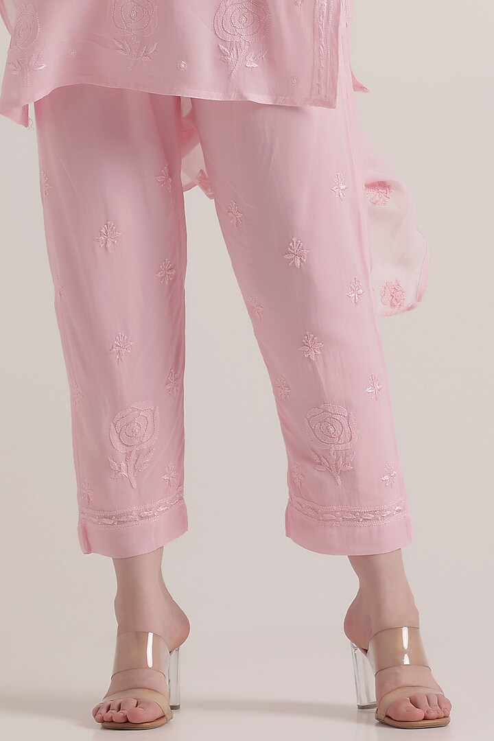 Baby Pink Viscose Georgette Chikankari Embellished Jacket by World Of Folklore at Pernia's Pop Up Shop
