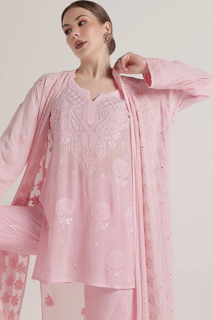 Baby Pink Viscose Georgette Chikankari Embellished Jacket by World Of Folklore at Pernia's Pop Up Shop