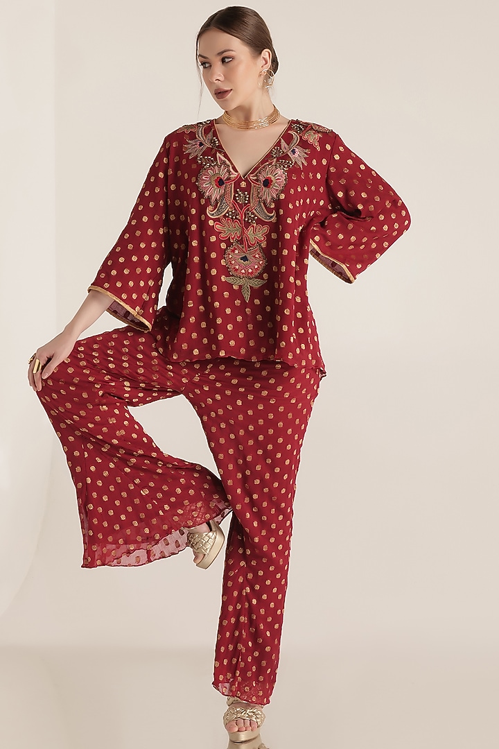 Red Chiffon Jacquard Floral Embroidered Co-Ord Set by World Of Folklore at Pernia's Pop Up Shop