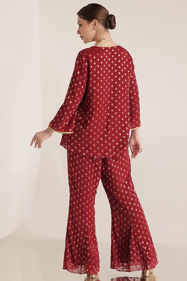 Red Chiffon Jacquard Floral Embroidered Co-Ord Set by World Of Folklore at Pernia's Pop Up Shop