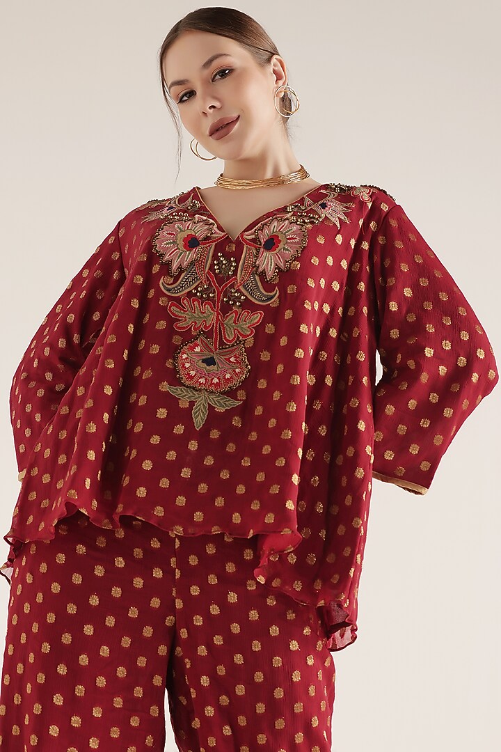 Red Chiffon Jacquard Floral Embroidered Co-Ord Set by World Of Folklore at Pernia's Pop Up Shop