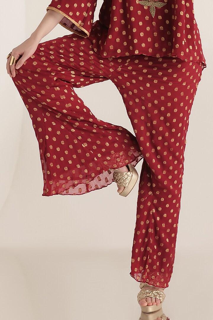 Red Chiffon Jacquard Floral Embroidered Co-Ord Set by World Of Folklore at Pernia's Pop Up Shop