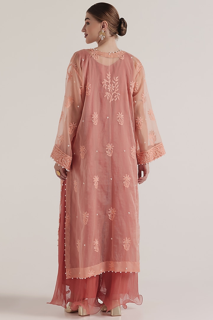 Peach Organza Chikankari Embroidered Kurta Set by World Of Folklore at Pernia's Pop Up Shop