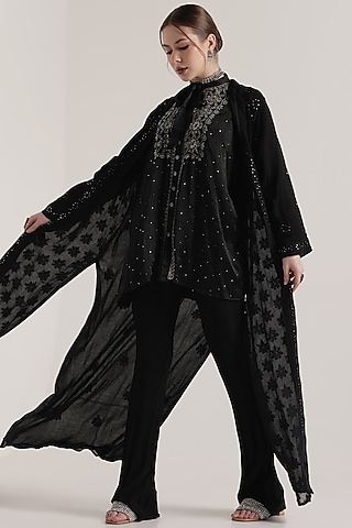 Black Pure Silk Georgette Chikankari Embroidered Top by World Of Folklore