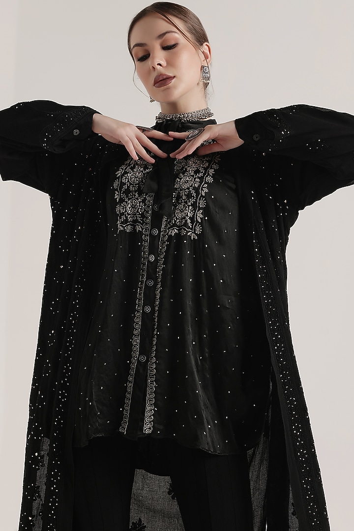Black Pure Silk Georgette Chikankari Embroidered Top by World Of Folklore at Pernia's Pop Up Shop