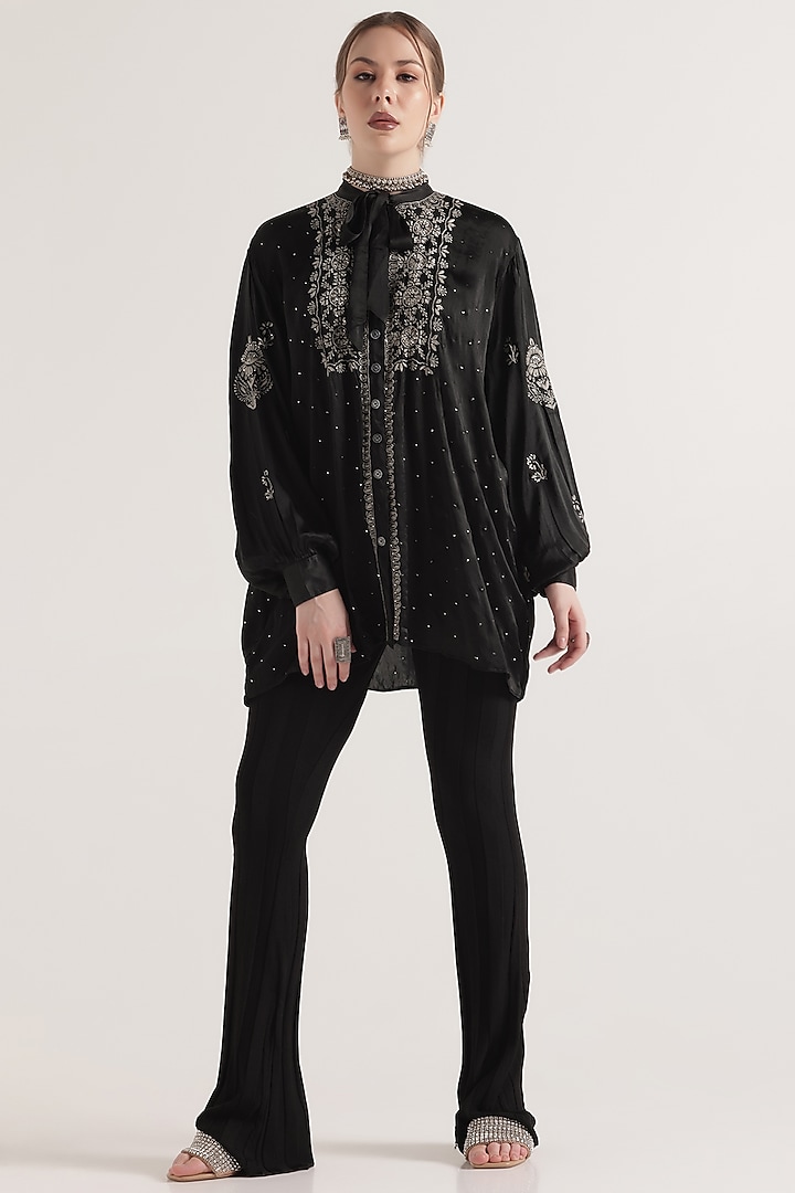 Black Pure Silk Georgette Chikankari Embroidered Top by World Of Folklore at Pernia's Pop Up Shop