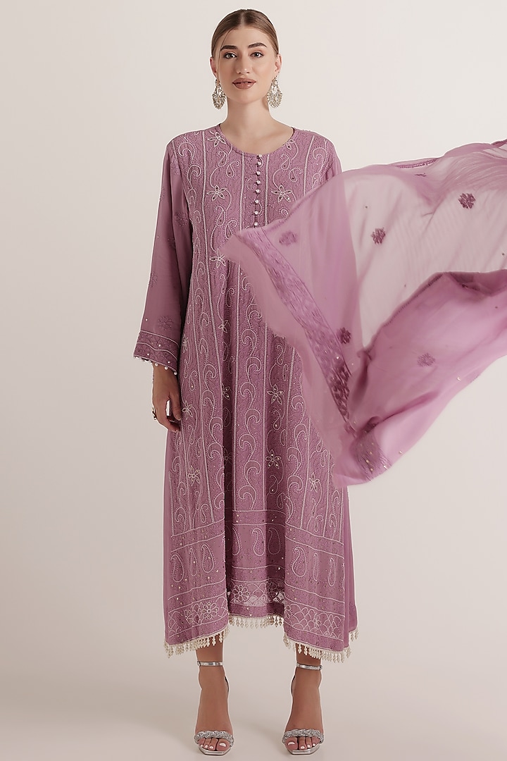 Mauve Viscose Georgette Chikankari Embroidered Kurta Set by World Of Folklore at Pernia's Pop Up Shop