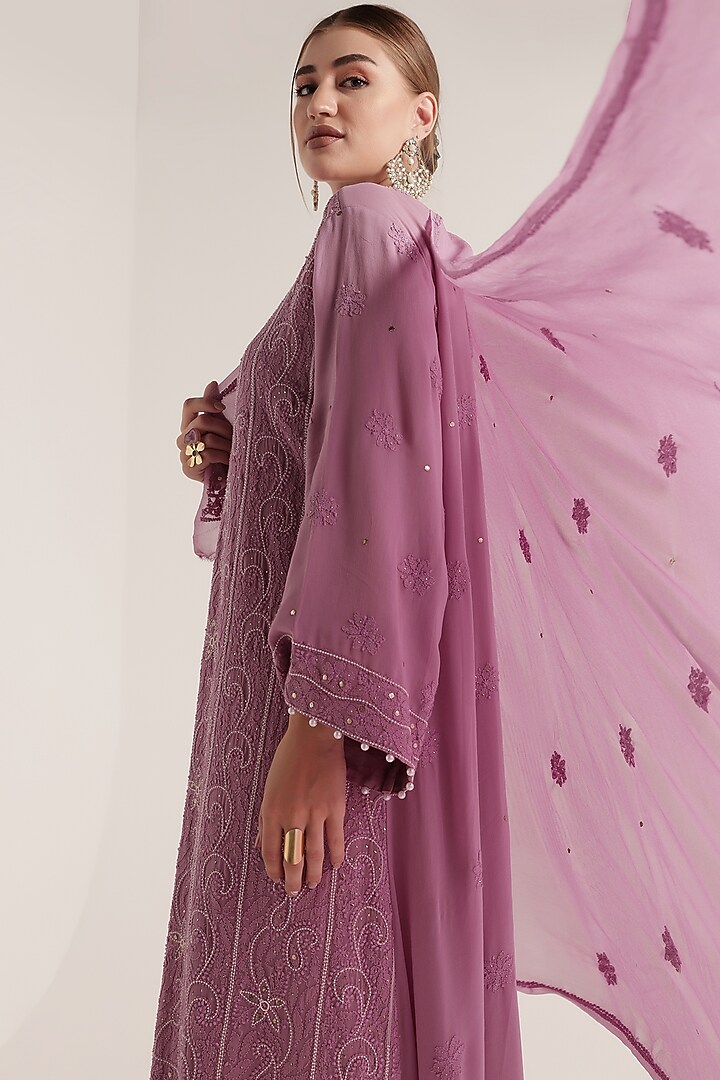 Mauve Viscose Georgette Chikankari Embroidered Kurta Set by World Of Folklore at Pernia's Pop Up Shop