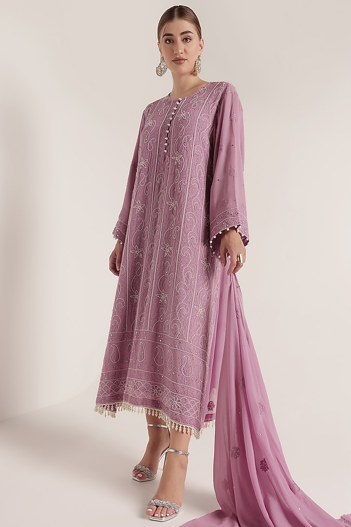 Mauve Viscose Georgette Chikankari Embroidered Kurta Set by World Of Folklore at Pernia's Pop Up Shop
