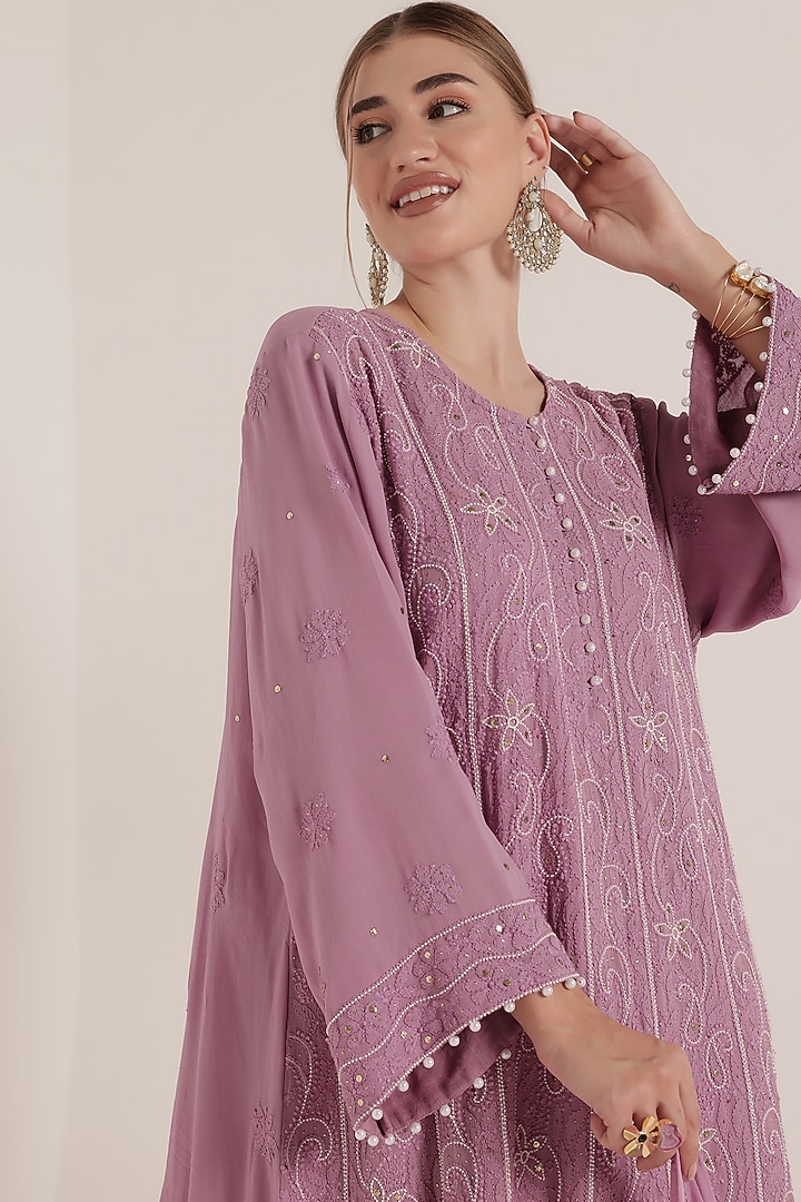 Mauve Viscose Georgette Chikankari Embroidered Kurta Set by World Of Folklore at Pernia's Pop Up Shop