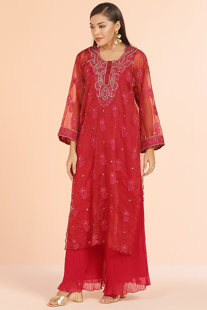 Red Silk Organza Chikankari Embroidered Kurta Set by World Of Folklore at Pernia's Pop Up Shop