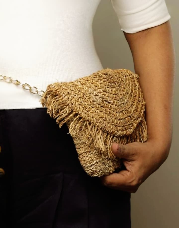 Beige Banana Bark Handcrafted Moon Crest Sling Bag by FORET at Pernia's Pop Up Shop