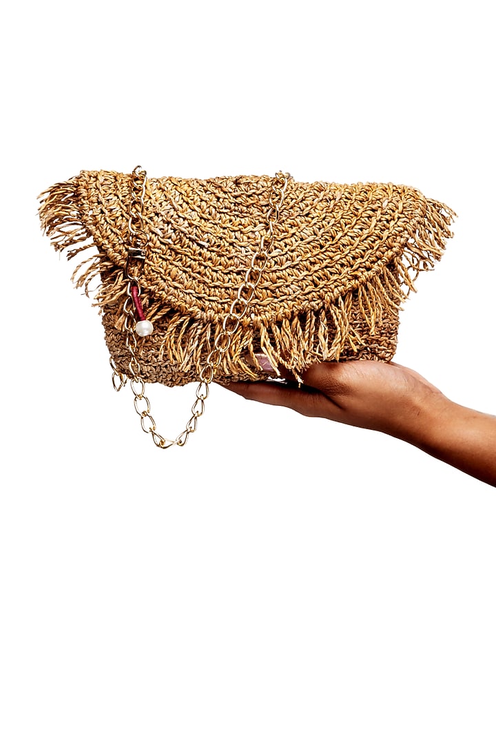 Beige Banana Bark Handcrafted Moon Crest Sling Bag by FORET at Pernia's Pop Up Shop