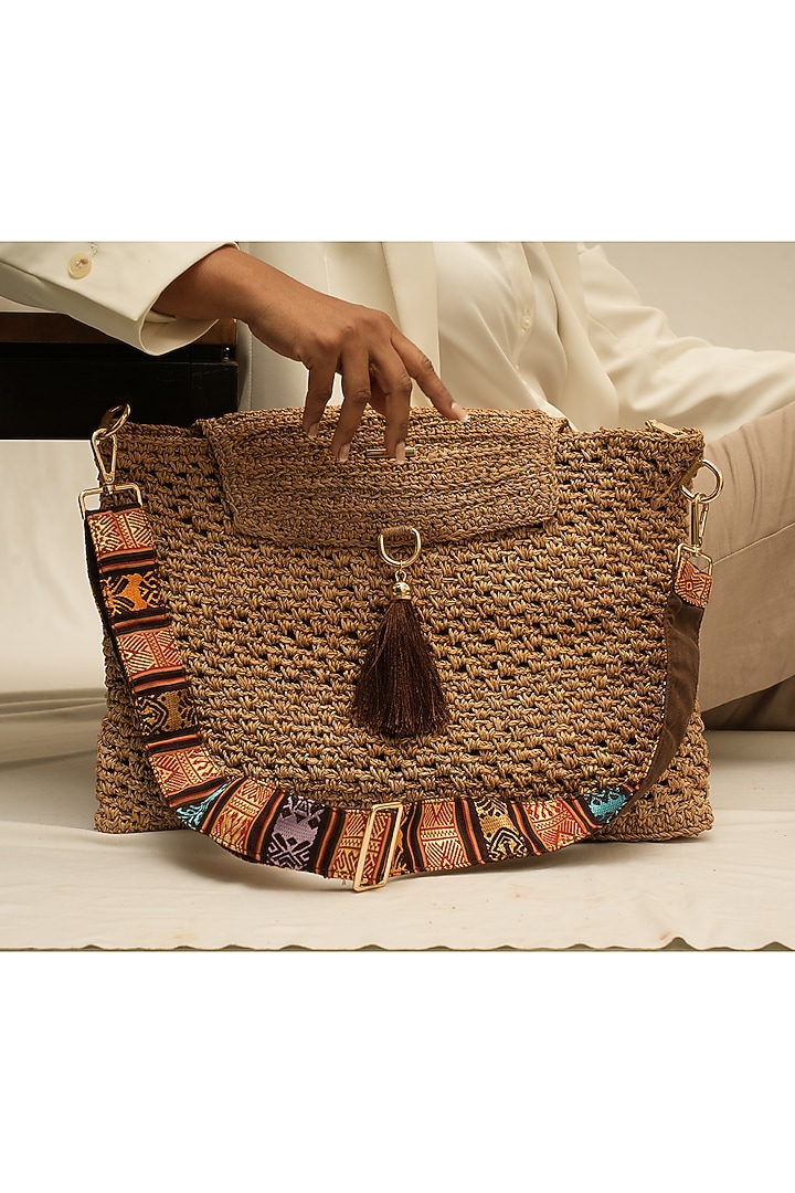 Beige Banana Bark Handcrafted Woven Messenger Bag by FORET at Pernia's Pop Up Shop