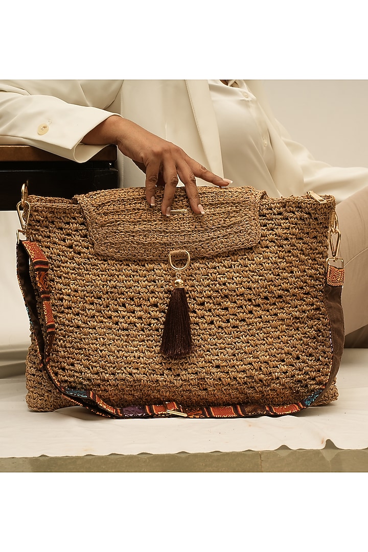 Beige Banana Bark Handcrafted Woven Messenger Bag by FORET at Pernia's Pop Up Shop