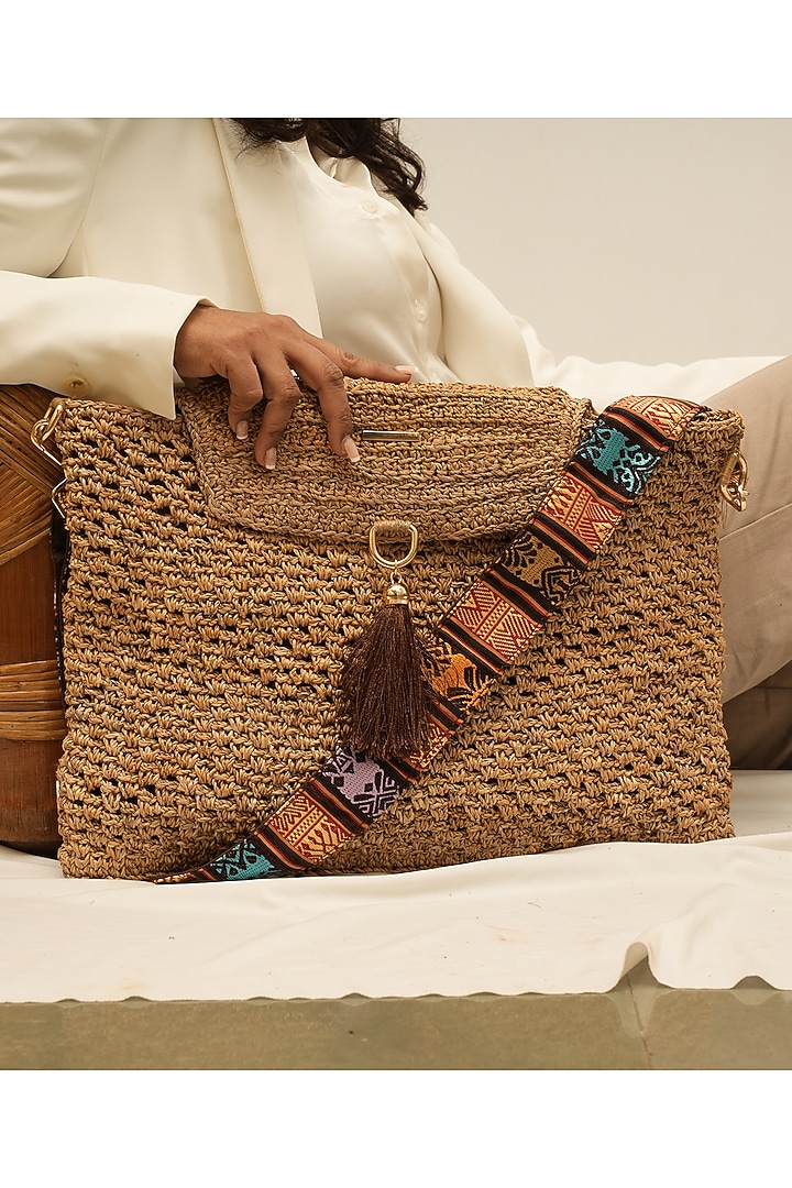 Beige Banana Bark Handcrafted Woven Messenger Bag by FORET at Pernia's Pop Up Shop