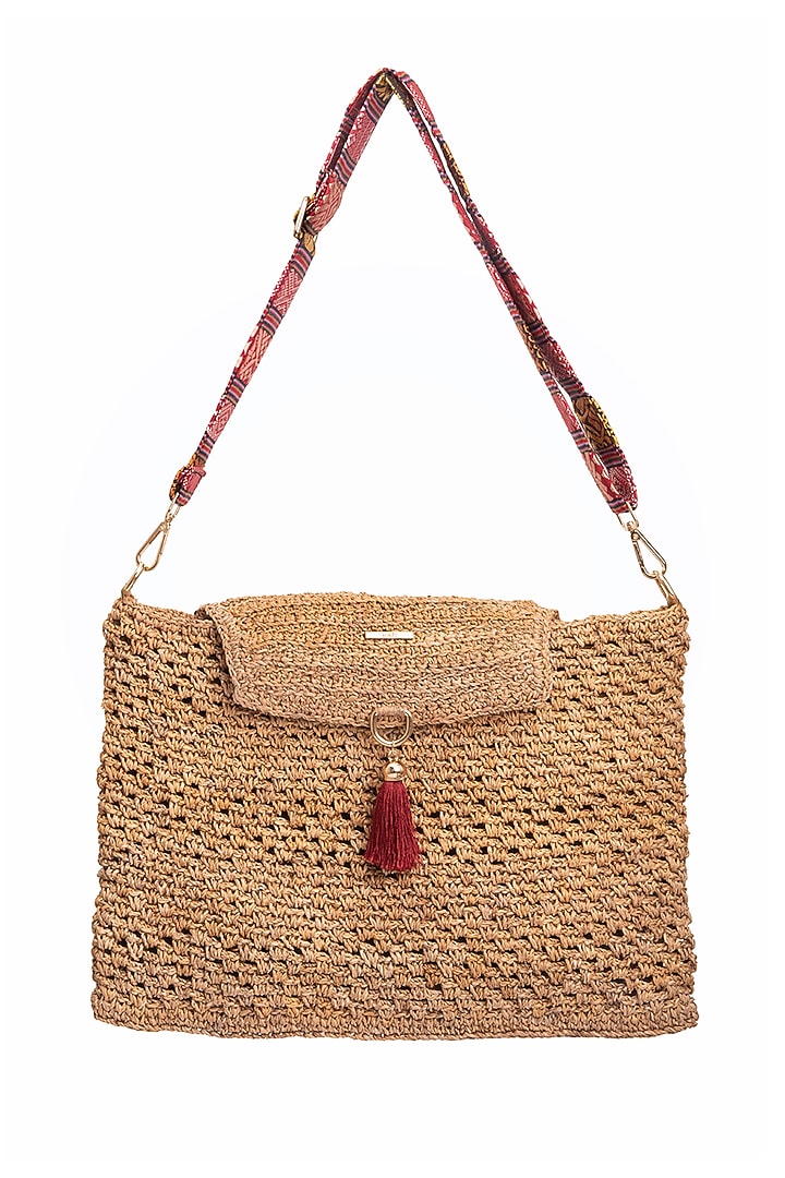 Beige Banana Bark Handcrafted Woven Messenger Bag by FORET at Pernia's Pop Up Shop