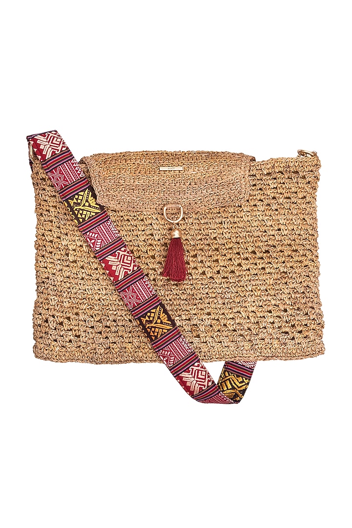 Beige Banana Bark Handcrafted Woven Messenger Bag by FORET at Pernia's Pop Up Shop