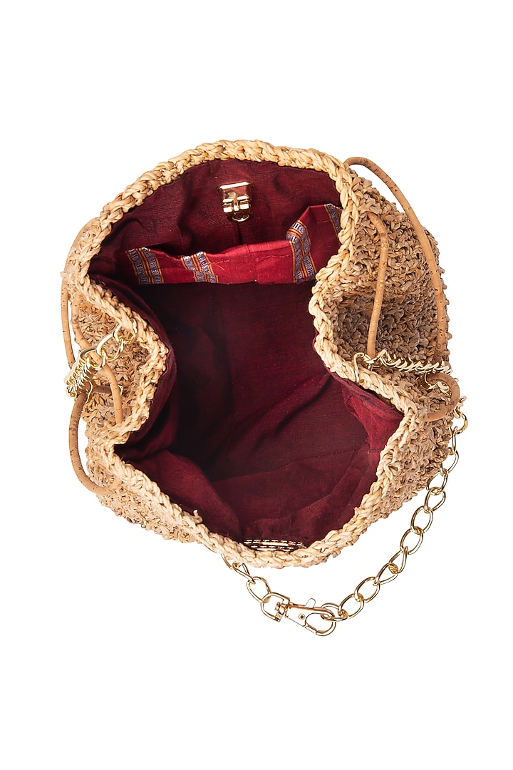 Beige Banana Bark Woven Mini Bucket Bag by FORET at Pernia's Pop Up Shop