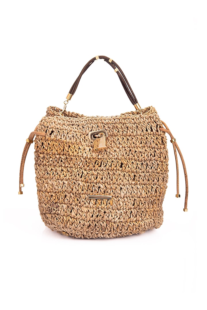 Beige Banana Bark Woven Mini Bucket Bag by FORET at Pernia's Pop Up Shop