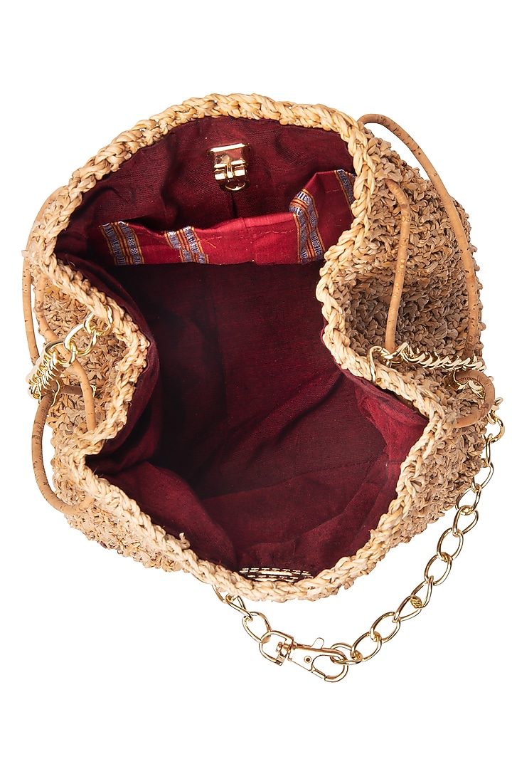 Beige Banana Bark Woven Mini Bucket Bag by FORET at Pernia's Pop Up Shop
