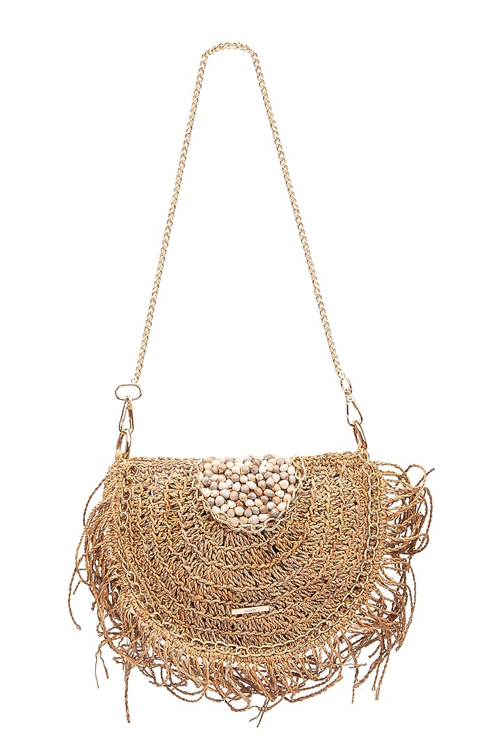 Beige Banana Bark Handcrafted Knitted Sling Bag by FORET at Pernia's Pop Up Shop