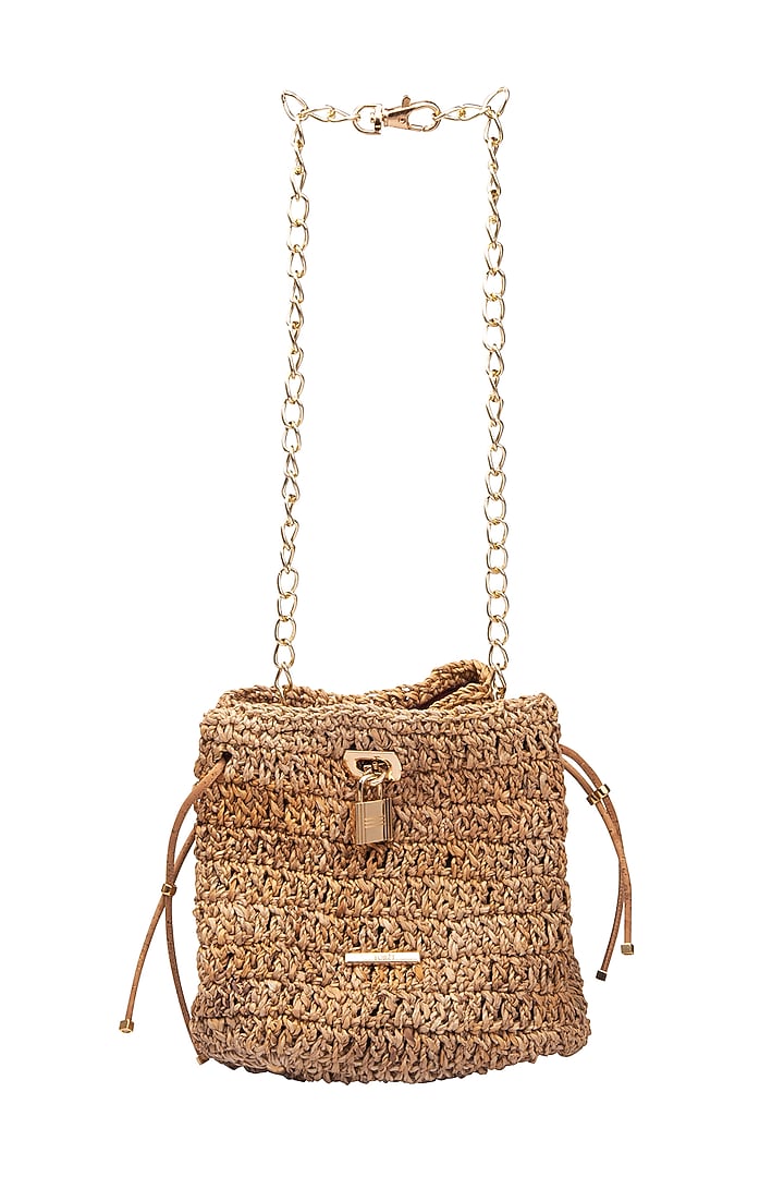Beige Banana Bark Woven Mini Bucket Bag by FORET at Pernia's Pop Up Shop