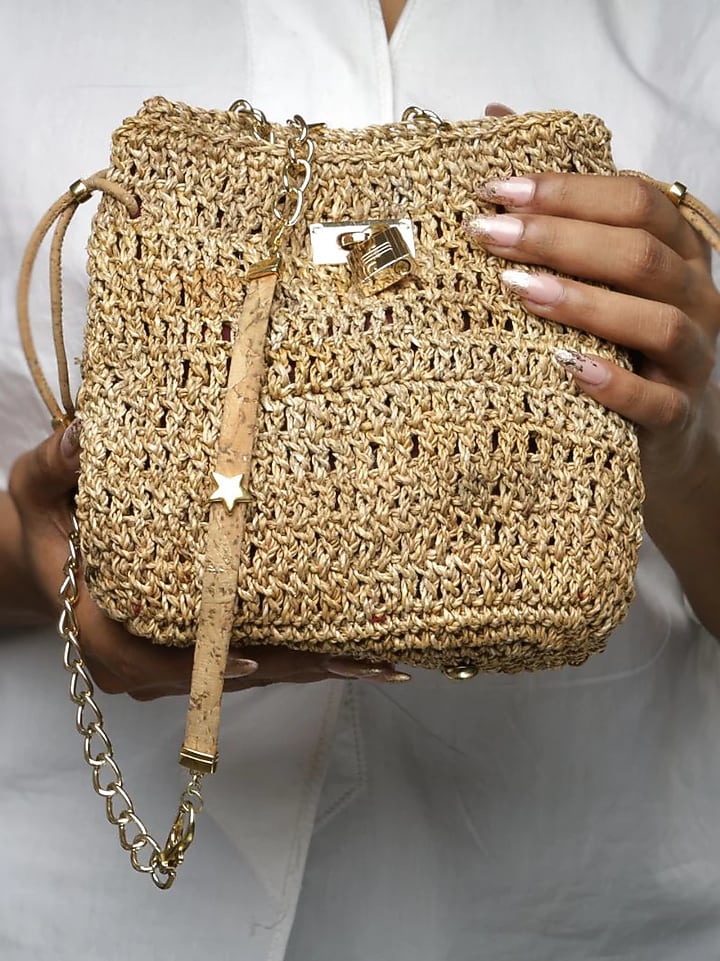 Beige Banana Bark Woven Mini Bucket Bag by FORET at Pernia's Pop Up Shop