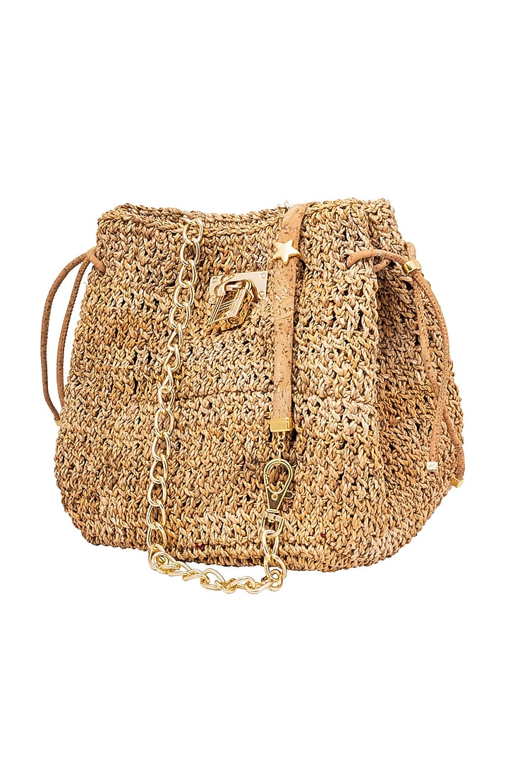 Beige Banana Bark Woven Mini Bucket Bag by FORET at Pernia's Pop Up Shop
