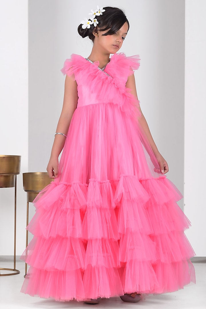 Pink Soft Tulle & Net Ruffled Gown For Girls by Foreverkidz at Pernia's Pop Up Shop