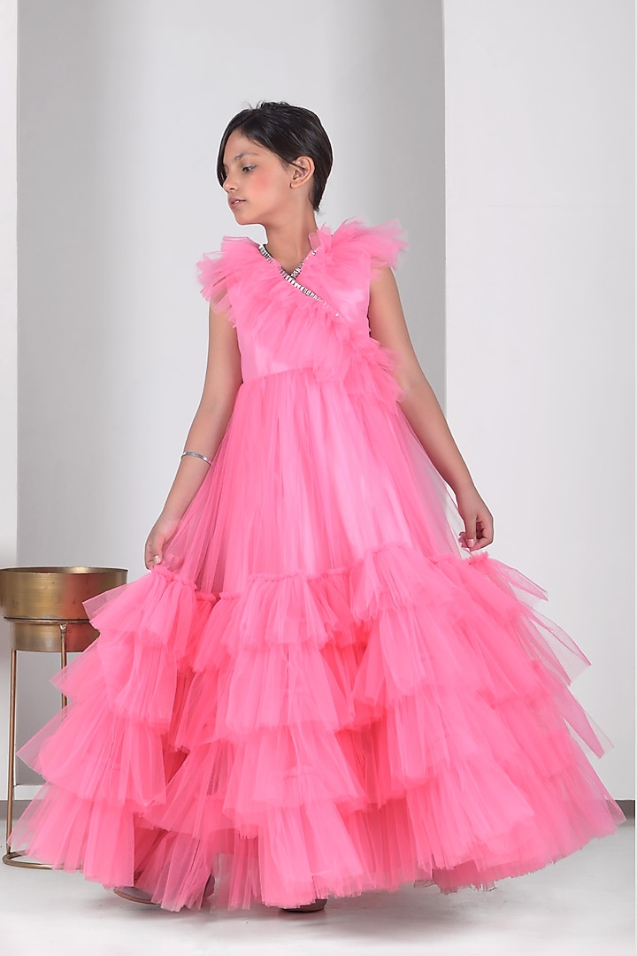 Pink Soft Tulle & Net Ruffled Gown For Girls by Foreverkidz at Pernia's Pop Up Shop