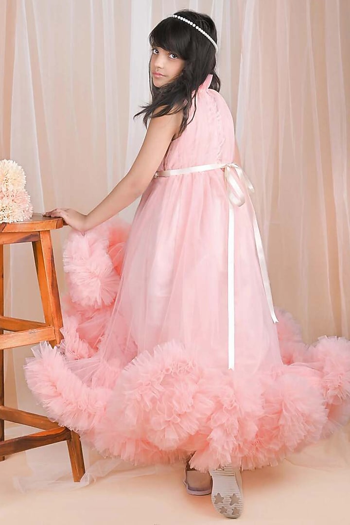 Peach Soft Tulle Ruffled Gown For Girls by Foreverkidz at Pernia's Pop Up Shop