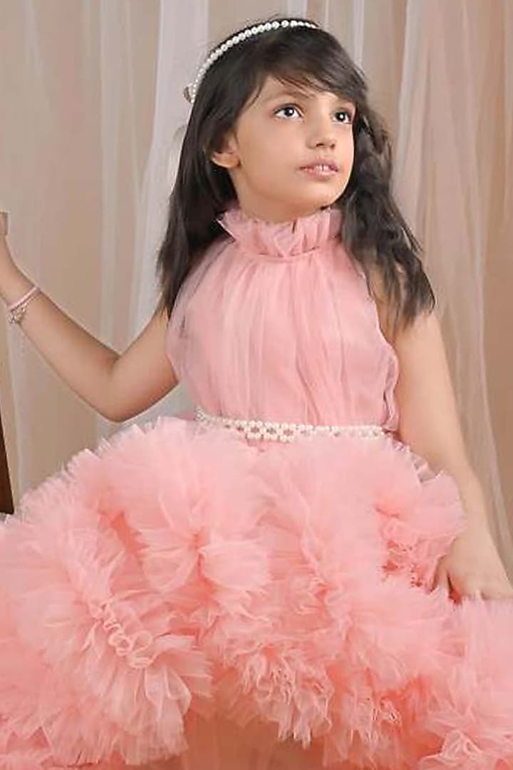 Peach Soft Tulle Ruffled Gown For Girls by Foreverkidz at Pernia's Pop Up Shop