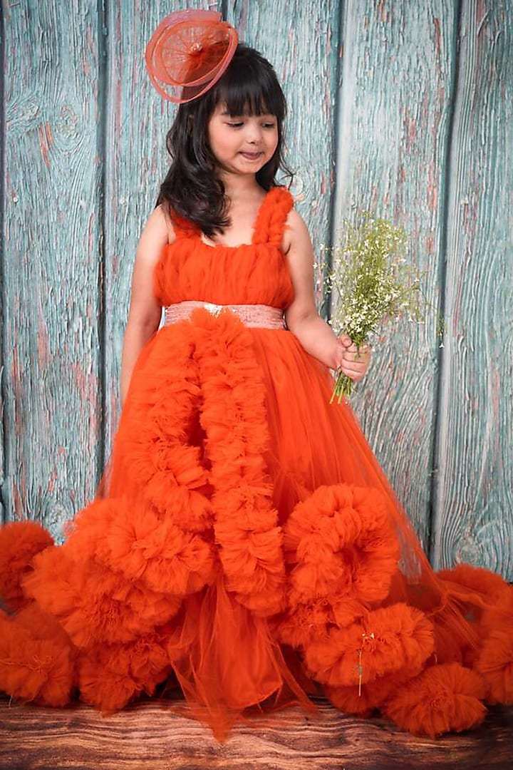 Orange Soft Tulle Ruffled Layered Gown For Girls by Foreverkidz at Pernia's Pop Up Shop