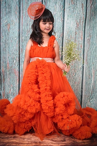 Orange Soft Tulle Ruffled Layered Gown For Girls by Foreverkidz