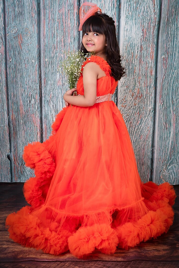 Orange Soft Tulle Ruffled Layered Gown For Girls by Foreverkidz at Pernia's Pop Up Shop