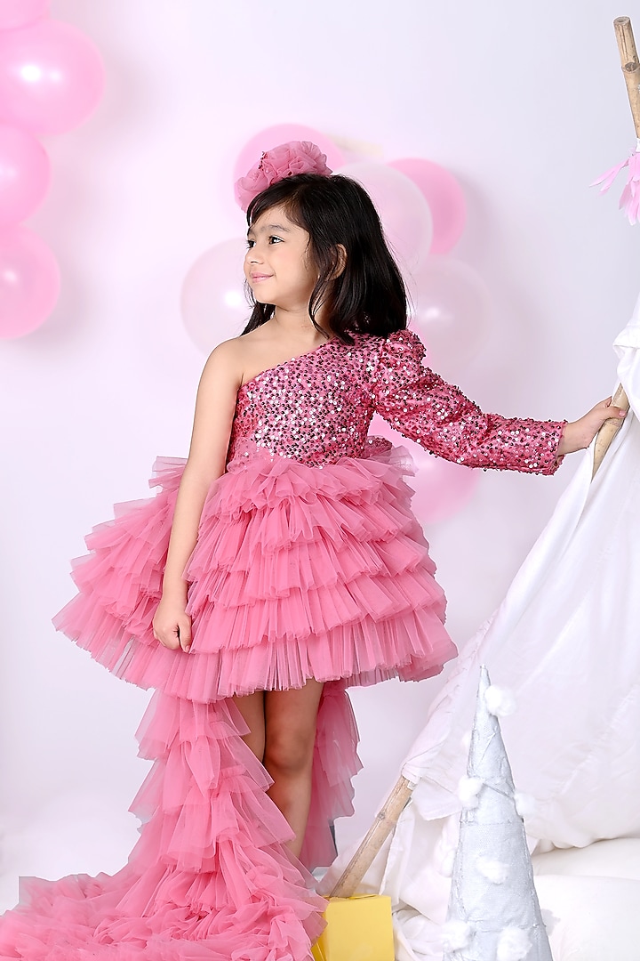 Dusty Pink Soft Tulle Ruffled Dress For Girls With Detachable Trail by Foreverkidz at Pernia's Pop Up Shop