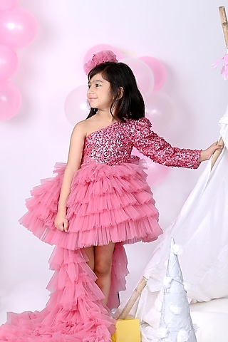 Dusty Pink Soft Tulle Ruffled Dress For Girls With Detachable Trail by Foreverkidz