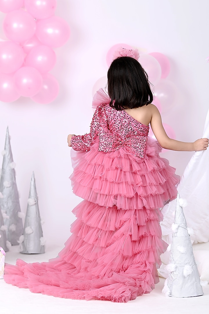 Dusty Pink Soft Tulle Ruffled Dress For Girls With Detachable Trail by Foreverkidz at Pernia's Pop Up Shop