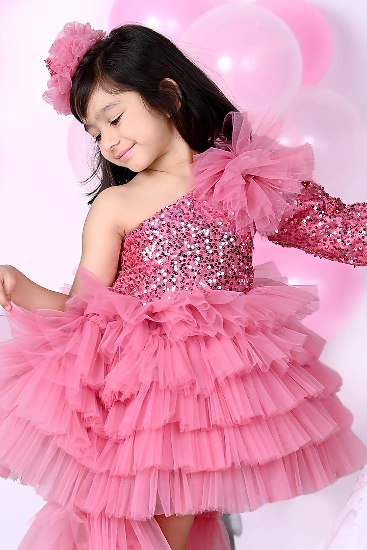 Dusty Pink Soft Tulle Ruffled Dress For Girls With Detachable Trail by Foreverkidz at Pernia's Pop Up Shop