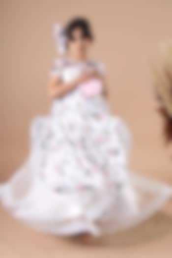 White Organza Floral Printed Ruffled Gown For Girls by Foreverkidz at Pernia's Pop Up Shop