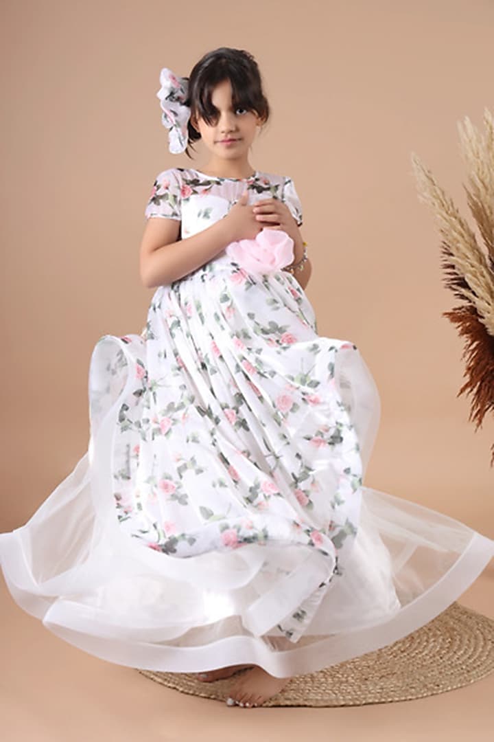 White Organza Floral Printed Ruffled Gown For Girls by Foreverkidz at Pernia's Pop Up Shop