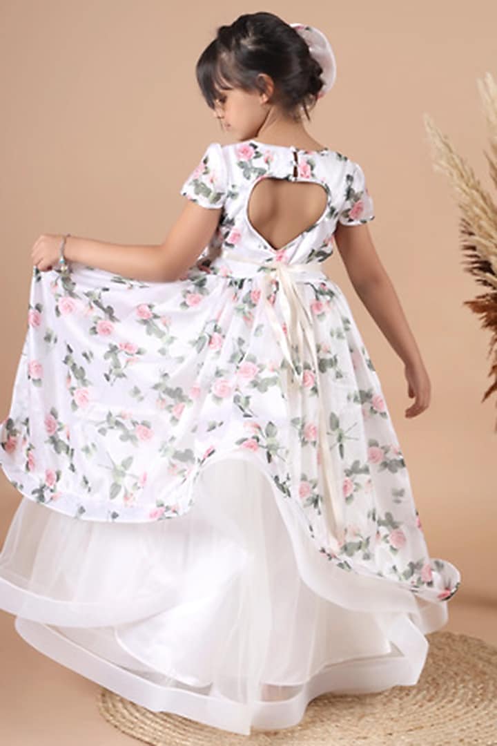 White Organza Floral Printed Ruffled Gown For Girls by Foreverkidz at Pernia's Pop Up Shop