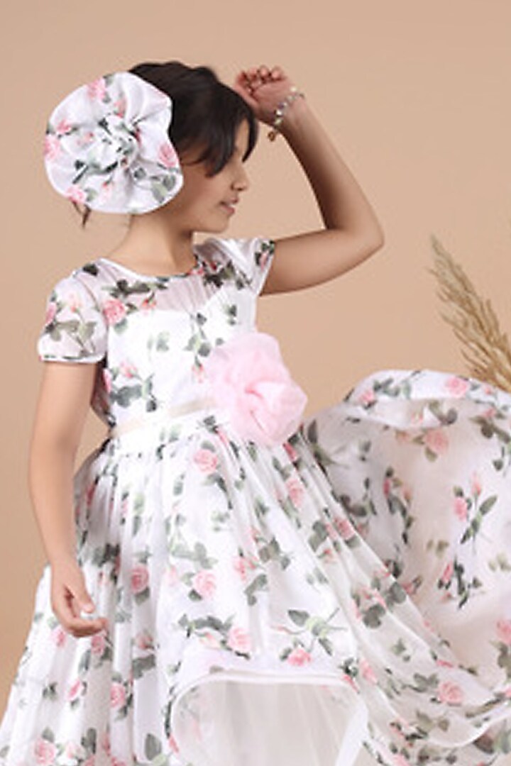 White Organza Floral Printed Ruffled Gown For Girls by Foreverkidz at Pernia's Pop Up Shop