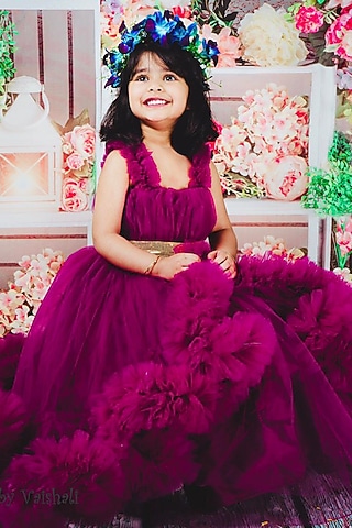 Plum Organza Ruffled Gown For Girls by Foreverkidz
