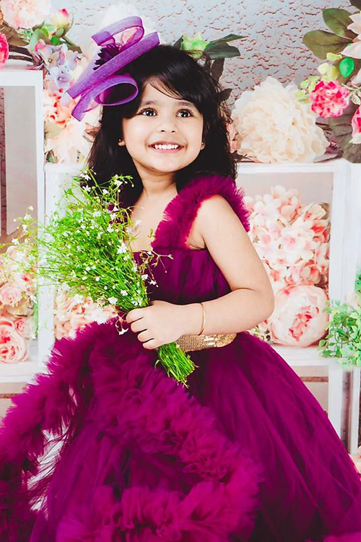 Plum Organza Ruffled Gown For Girls by Foreverkidz at Pernia's Pop Up Shop